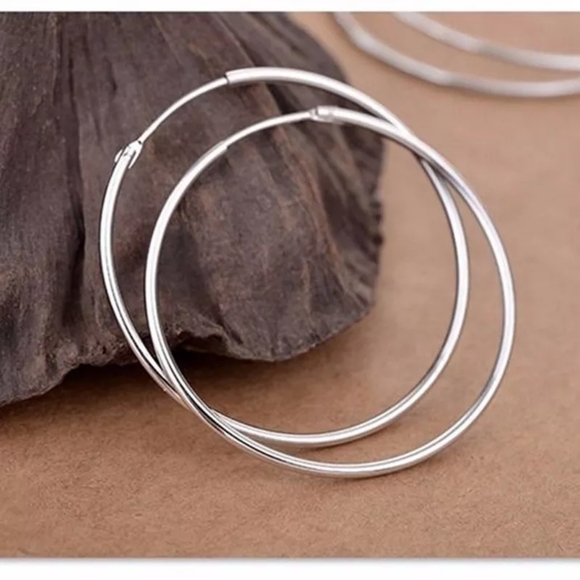 NEW Classic Large Circular 925 Silver Polished Hoop Earrings - Picture 13 of 13